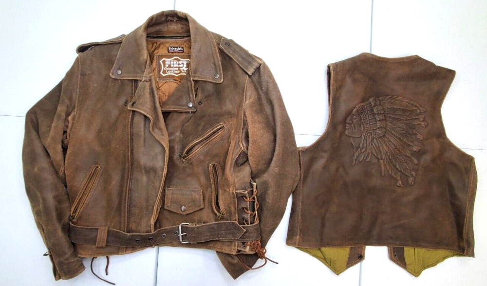 VTG First Leather M Brown Distressed Biker Jacket+Vest Set Indian Chief Embossed